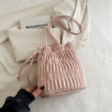 Weiyinxing Pleated Drawstring Shoulder Bucket Bags Women Designer Soft PU Leather Small Handbags Female Casual Purse Underarm Bag