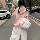 Weiyinxing Kawaii Cute Backpack for Women White Pink Cat Head Shape Fashion Crossbody Bag New Soft Plush Sweet Large Capacity Handbag
