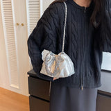 Weiyinxing Silver Small Leather Crossbody Bag Women's 2024 Retro Simple Style Chain Lipstick Bucket Bag Lady Handbags and Purses