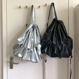 Weiyinxing 2024 Silver Drawstring Back Pack Big PU Leather Korean Fashion Backpack for Women School Bags for Teenagers Girls