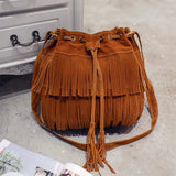 Weiyinxing Retro Faux Suede Fringe Women Messenger Bags Tote New Handbag Tassel Shoulder Handbags Crossbody Bag Tassel Bucket