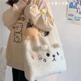 Weiyinxing Winter Soft Plush Tote Bag Women Cartoon Embroidery Imitation Lamb Hair Shoulder Bag for Women Shopper Bag Bolsa No Pendant