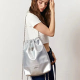 Weiyinxing Drawstring Soft Leather Backpack One Shoulder Large Capacity Versatile Commuter Bag 2024 New Backpack Chain Women's Bag