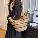 Weiyinxing Ladies Big Stripe Straw Shoulder Bags for Women 2024 Hit Trendy Summer Fashion Lady Handbags and Purses Beach Tote Bag