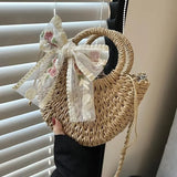 Weiyinxing Bag Women Hand-Woven Handbag Moon Shape Lace Bow Rattan Bag Big Capacity Drawstring Casual Beach Shoulder Crossbody Bag