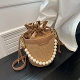 Weiyinxing Knitting Small Crossbody Bags Women Patchwork Design Pearl Bucket Packs Female Elegant Drawstring Straw Woven Bag