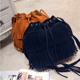 Weiyinxing Retro Faux Suede Fringe Women Messenger Bags Tote New Handbag Tassel Shoulder Handbags Crossbody Bag Tassel Bucket