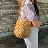 Weiyinxing Straw Bucket Bag For Women Large Capacity Woven Bucket Shoulder Bag Handmade Braided Beach Bag Hot Vacation Handbag