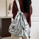 Weiyinxing 2024 Silver Drawstring Back Pack Big PU Leather Korean Fashion Backpack for Women School Bags for Teenagers Girls