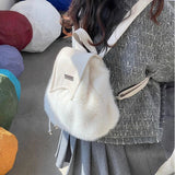 Weiyinxing Sweet Cute Soft Plush Shoulder Bag White Harajuku Style Drawstring Backpack New Large Capacity Elegant Literary Handbag