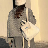 Weiyinxing Sweet Cute Soft Plush Shoulder Bag White Harajuku Style Drawstring Backpack New Large Capacity Elegant Literary Handbag