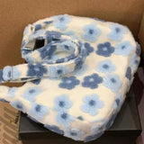 Weiyinxing Kawaii Large Capacity Plush Crossbody Bag Blue Flowers Soft Fashion Shoulder Bag Casual Youthful Cute Fall Winter Handbag