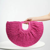 Weiyinxing Woven Straw Handbag Wooden Half-moon Portable Beach Bag Holiday Handmade Handle Bag Rattan Shopping Basket Bag bolsa