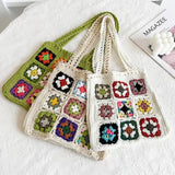 Weiyinxing Women Boho Woven Tote Summer Beach Handbag Floral Handmade Weaving Shoulder Bags Hand Crochet Bag Flower Stitching Shopper Bag