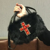 Weiyinxing Y2k Gothic Handbag Soft Plush Black Cross Applique Shoulder Bag Fashion Harajuku Style Punk Hip Hop Biker Crossbody Bag