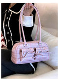 Weiyinxing Plaid Pink Bow Handbag Purse Women Hot Girls Large Capacity Bowling Bag Ladies Harajuku Underarm Bag Bolsos Aesthetic