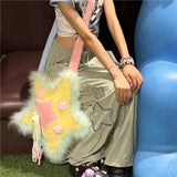Weiyinxing Y2k Shoulder Bag for Women Star Shape Applique Tassel Soft Plush Shoulder Bag Sweet Cool Gothic Fashion Designers Handbag