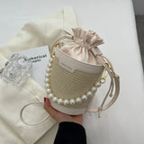 Weiyinxing Knitting Small Crossbody Bags Women Patchwork Design Pearl Bucket Packs Female Elegant Drawstring Straw Woven Bag