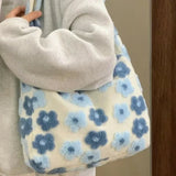 Weiyinxing Kawaii Large Capacity Plush Crossbody Bag Blue Flowers Soft Fashion Shoulder Bag Casual Youthful Cute Fall Winter Handbag