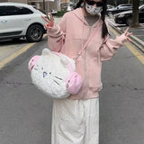 Weiyinxing Kawaii Cute Backpack for Women White Pink Cat Head Shape Fashion Crossbody Bag New Soft Plush Sweet Large Capacity Handbag