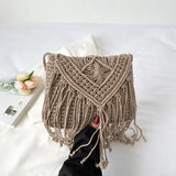 Weiyinxing Tassel Straw Shoulder Bag Female Handmade Woven Crossbody Bag Bohemian Kintted Lady Handbag Beach Bag Flap Bag sac