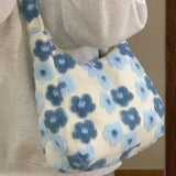 Weiyinxing Kawaii Large Capacity Plush Crossbody Bag Blue Flowers Soft Fashion Shoulder Bag Casual Youthful Cute Fall Winter Handbag
