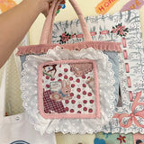 Weiyinxing Sweet Lace Y2k Tote Bag Women Vintage Fairycore Patchwork Denim Handbag Ladies Retro Harajuku Cute Handbags Aesthetic