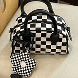 Weiyinxing Checkerboard Black and White Boston Bag Mini Cute Flower Pendant High Capacity Handbag Messenger Bag Purses Handbags