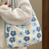 Weiyinxing Kawaii Large Capacity Plush Crossbody Bag Blue Flowers Soft Fashion Shoulder Bag Casual Youthful Cute Fall Winter Handbag
