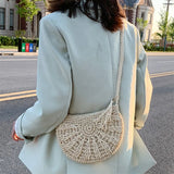 Weiyinxing Half Round Straw Bag for Women Summer Beach Rattan Shoulder Bag Zipper Woven Half Moon Crossbody Handbags Bohemia Vacation