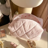 Weiyinxing Checkered Floral Makeup Bag Large Capacity Portable Cosmetic Storage Bag Cotton Quilted Wash Bag Skincare Pouch