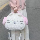 Weiyinxing Kawaii Cute Backpack for Women White Pink Cat Head Shape Fashion Crossbody Bag New Soft Plush Sweet Large Capacity Handbag