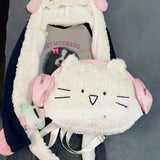 Weiyinxing Kawaii Cute Backpack for Women White Pink Cat Head Shape Fashion Crossbody Bag New Soft Plush Sweet Large Capacity Handbag