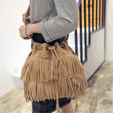 Weiyinxing Retro Faux Suede Fringe Women Messenger Bags Tote New Handbag Tassel Shoulder Handbags Crossbody Bag Tassel Bucket