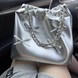 Weiyinxing Silver Bow Crossbody Bags for Women 2024 Korean Fashion Designer Female Bucket Bag Lady Leather Chain Drawstring Handbags