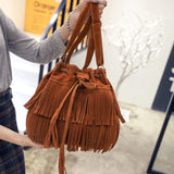 Weiyinxing Retro Faux Suede Fringe Women Messenger Bags Tote New Handbag Tassel Shoulder Handbags Crossbody Bag Tassel Bucket