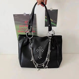 Weiyinxing Y2k Grunge The Tote Bag Women Gothic Cross Pu Leather Chain Large Capacity Handbags Ladies Vintage Black Shoulder Bag