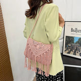Weiyinxing Tassel Straw Shoulder Bag Female Handmade Woven Crossbody Bag Bohemian Kintted Lady Handbag Beach Bag Flap Bag sac
