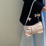 Weiyinxing Pearl Bow Cute Underarm Bag Fairy Women's Small Pink Shoulder Bag Soft PU Leather Female Pearlescent Clutch Purse Handbags