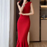 Weiyinxing Women Sexy Bodycon Dress Spring Summer New Temperament Office Lady Elegant Black Knitted Mermaid Dress Ribbed Casual Robe P554