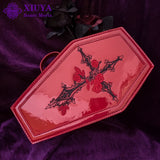 Weiyinxing Harajuku Gothic Bags 2023 Punk Coffin Handbags For Women Red Patent Leather Cross Rose Embroidered Cosmetic Bag Suitcase