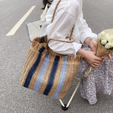 Weiyinxing Striped Beach Straw Bag Large Capacity Shoulder Bag For Women Handmade Woven Handbag Raffia Rattan Bag Casual Tote Bag