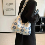 Weiyinxing Kawaii Large Capacity Plush Crossbody Bag Blue Flowers Soft Fashion Shoulder Bag Casual Youthful Cute Fall Winter Handbag