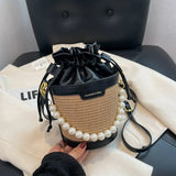 Weiyinxing Knitting Small Crossbody Bags Women Patchwork Design Pearl Bucket Packs Female Elegant Drawstring Straw Woven Bag