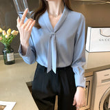 Weiyinxing Sleeve Chiffon Blouse Shirt Blouse Women Blusas Mujer De Moda 2023 Bow V-Neck Office Lady Blouse Tops Women Blouses E203 0409