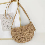 Weiyinxing Half Round Straw Bag for Women Summer Beach Rattan Shoulder Bag Zipper Woven Half Moon Crossbody Handbags Bohemia Vacation