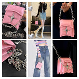 Weiyinxing Women Chain Shoulder Bags Y2k Cool Girls Flap Square Clutch Purse Handbags Pink Pu Leather Small Female Crossbody Bag