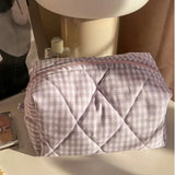 Weiyinxing Checkered Floral Makeup Bag Large Capacity Portable Cosmetic Storage Bag Cotton Quilted Wash Bag Skincare Pouch