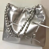 Weiyinxing Silver Bow Crossbody Bags for Women 2024 Korean Fashion Designer Female Bucket Bag Lady Leather Chain Drawstring Handbags