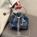 Weiyinxing Handbag Bucket Bag Round Ring Design Hand Bag For Women 2024 New Denim Clutch Fashion Chain Shoulder Crossbody Bag
